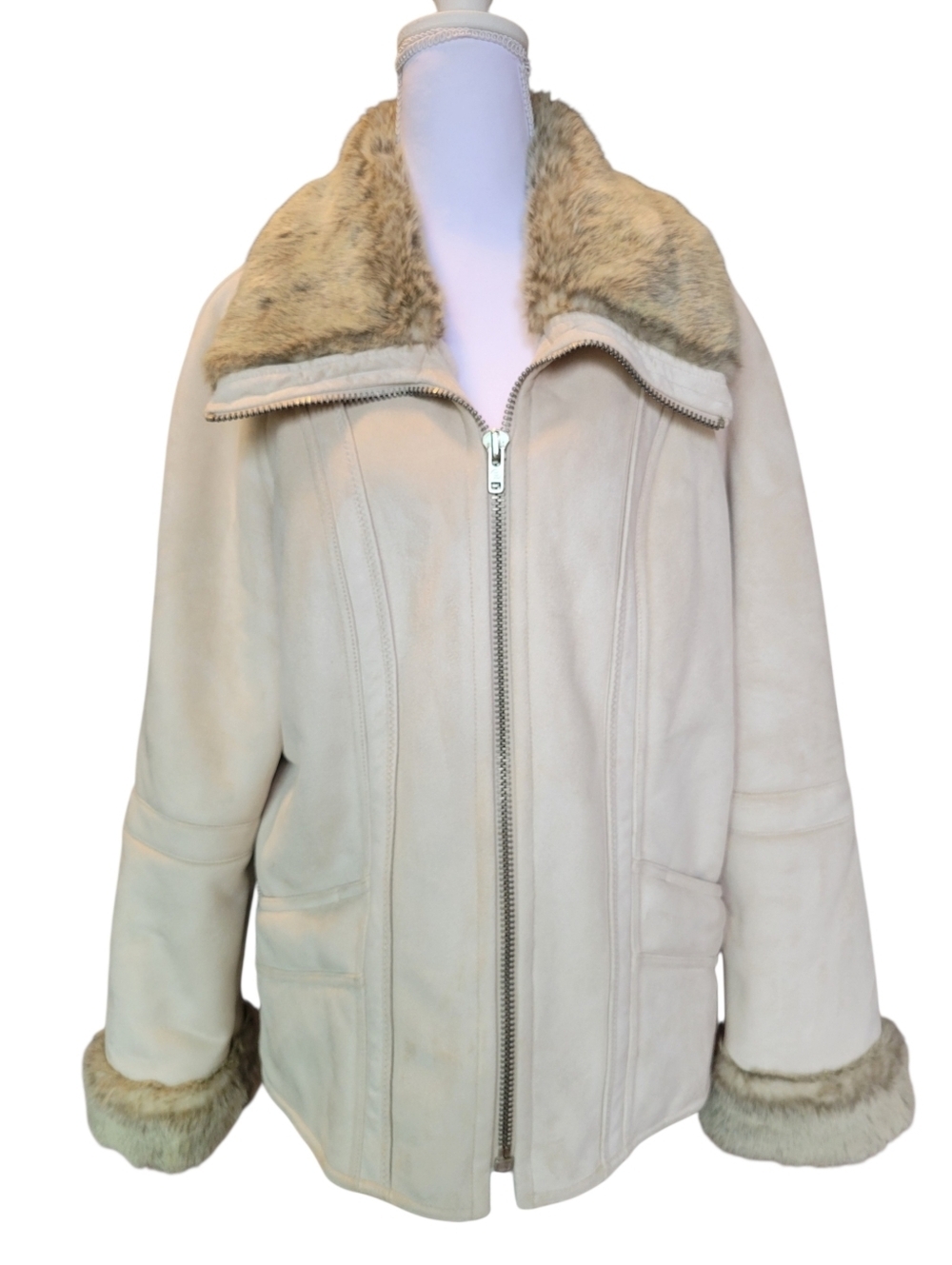 ESPRIT Cream Tan Faux Fur Faux Suede Zip Up Winter Coat Jacket